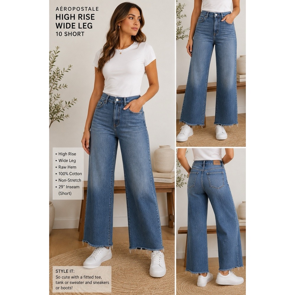 Aeropostale High Rise Wide Leg Jeans Women 10 Short Raw Hem Medium Wash Denim